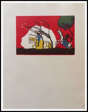 Gravure Sur Bois Kandinsky - 2 CAVALIERS SUR FOND ROUGE