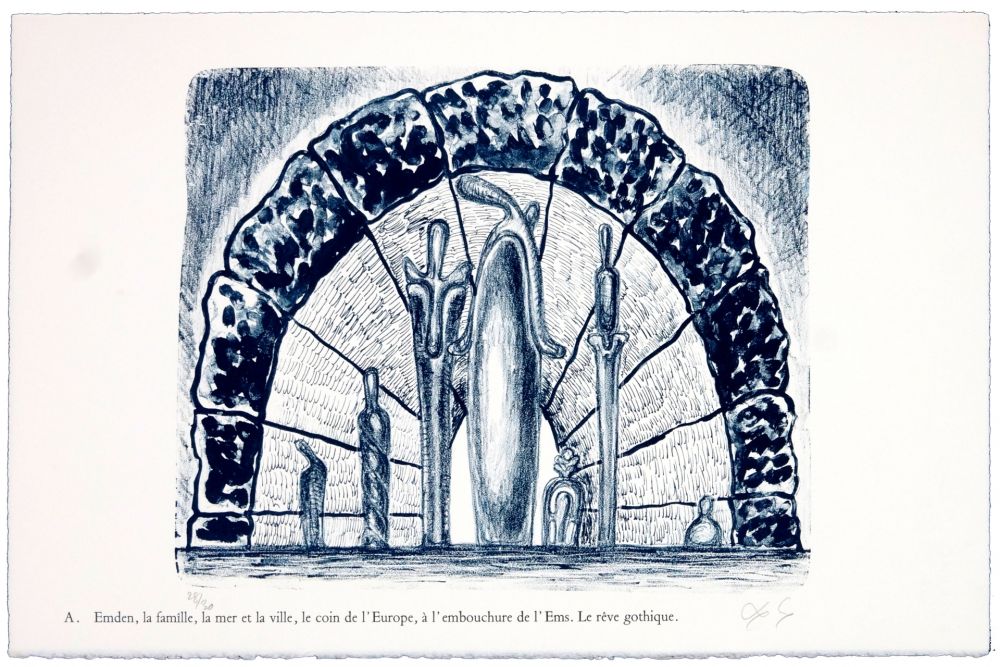 Lithographie Nørgaard - A. Emden, la famille, la mer et la ville, le coin de l'Europe, l'embouchure de l'Ems. Le rêve gothique