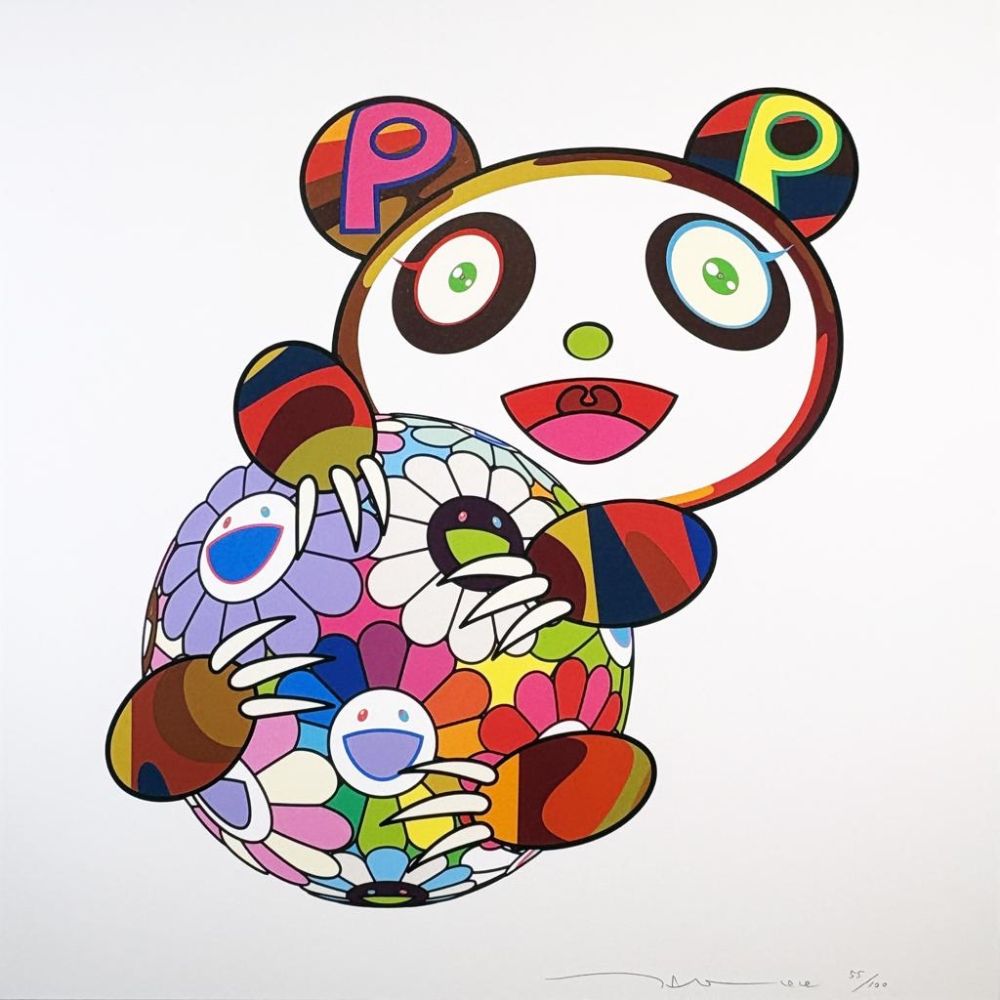 Sérigraphie Murakami - A Panda Cub Hugging a Ball of Flowers