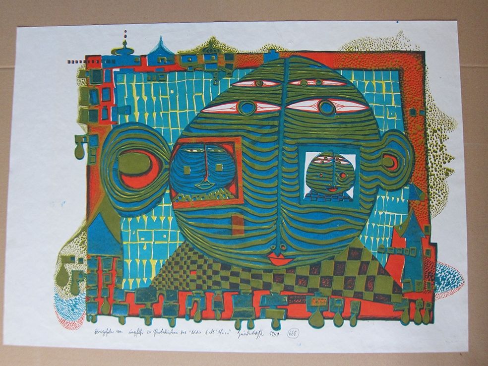 Lithographie Hundertwasser - Abschied aus Afrika