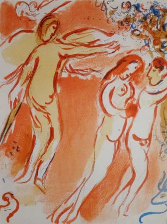 Lithographie Chagall - Adam et Eve chassés du jardin d'Eden
