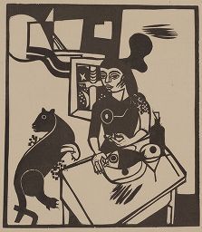 Gravure Sur Bois Campendonk - Am Tisch sitzende Frau mit Katze und Fisch / Woman Sitting at Table with Cat and FIsh