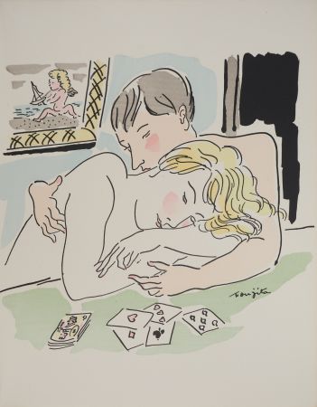Gravure Foujita - Amoureux au jeu de cartes