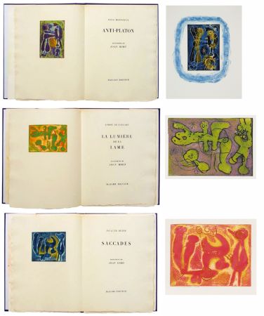 Livre Illustré Miró - ANTI-PLATON - LA LUMIÈRE DE LA LAME - SACCADES. 3 volumes. 24 EAUX-FORTES AVEC SUITE COMPLÈTE (1962).