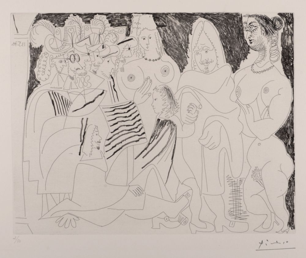Gravure Picasso - Après l'examen, le père remmène son fils, avec la bénédiction de l'Académie