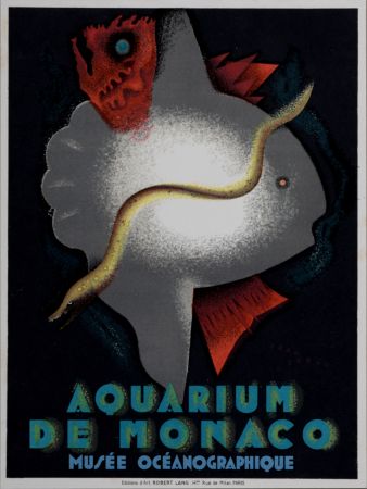 Lithographie Carlu - Aquarium de Monaco, 1928