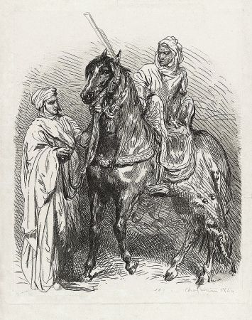 Gravure Chassériau - Arabe montant en selle / Cavalier arabe partant pour la guerre