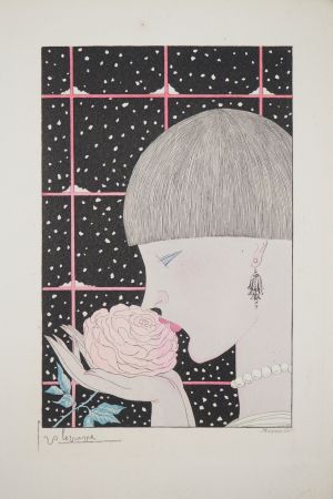 Gravure Lepape - Art déco, Jeune femme à la rose
