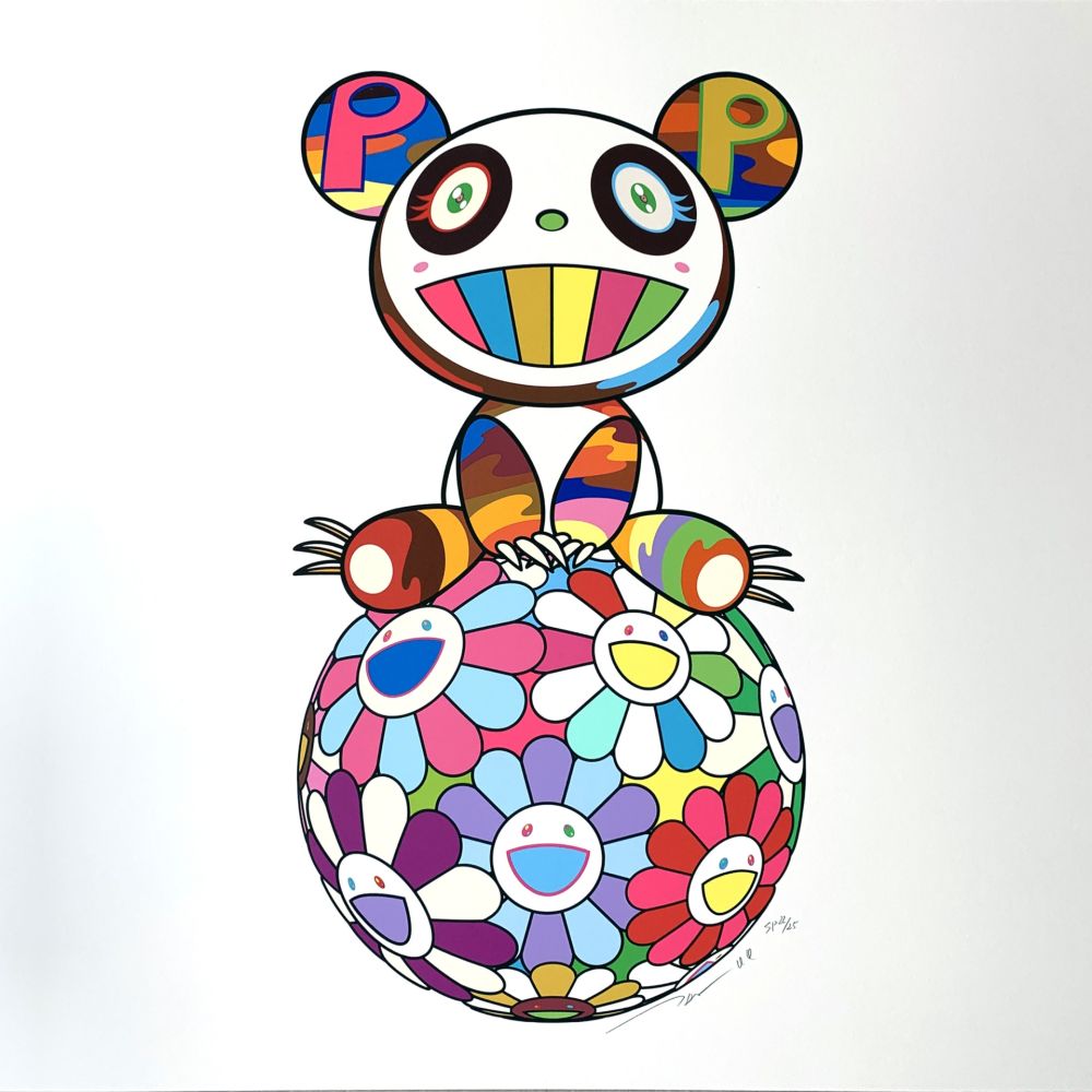 Sérigraphie Murakami - Atop a Ball of Flowers, A Panda Cub Sits Properly