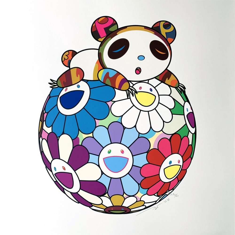Sérigraphie Murakami - Atop a Ball of Flowers, A Panda Cub Sleeps