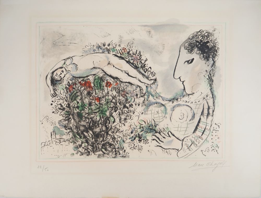 Lithographie Chagall - Autoportrait au bouquet et nu