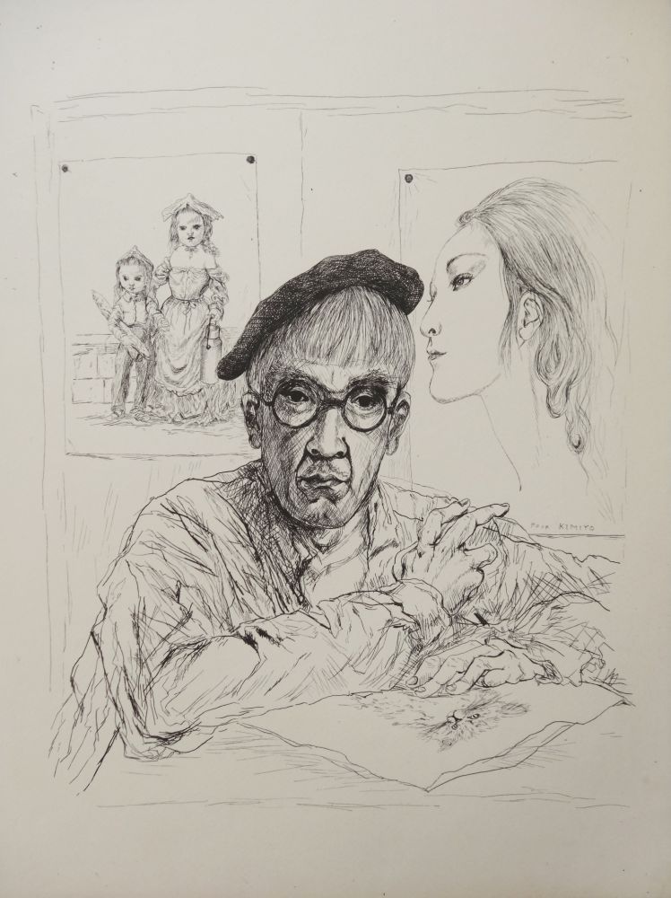 Gravure Foujita - Autoportrait au béret avec sa femme Kimiyo