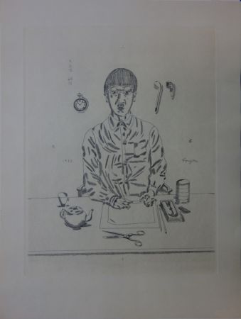 Gravure Foujita - Autoportrait à la table de travail