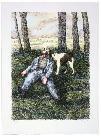 Lithographie Topor - Aux environs de Noisy-sous-Ecole, M. Louis Delillieau, 70 ans, tomba mort : insolation. Vite son chien Fidèle lui mangea la tête 