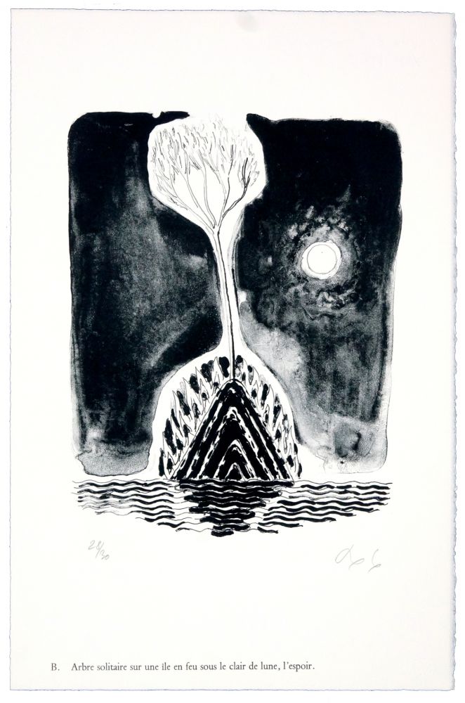 Lithographie Nørgaard - B. Abre solitaire sur une ile sous le clair de lune, l'espoir