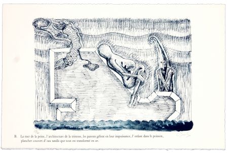 Lithographie Nørgaard - B. La mer de la peine, l'architecture de la tristesse, les parents gêlent en leur impuissance, l'enfant dans le poisson, plancher couvert d'eau tandis que tout est transformé en or 