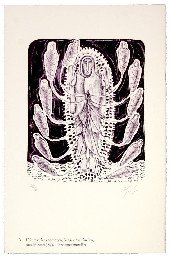 Lithographie Nørgaard - B. L'immaculée conception, la paradoxe chrétien, tous les petits Jésus, l'innocence momifiée