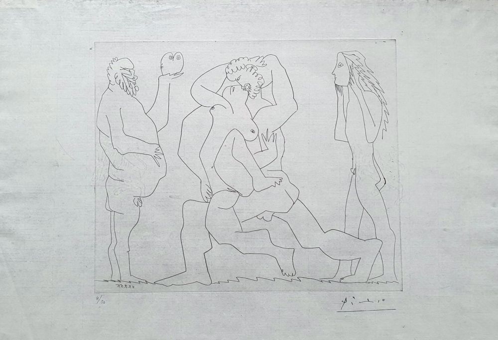 Gravure Picasso - Bacchanale au hibou et au jeune homme masqué