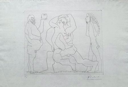 Gravure Picasso - Bacchanale au hibou et au jeune homme masqué