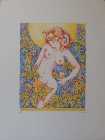 Lithographie Bona - Bacchante, vigne et vin