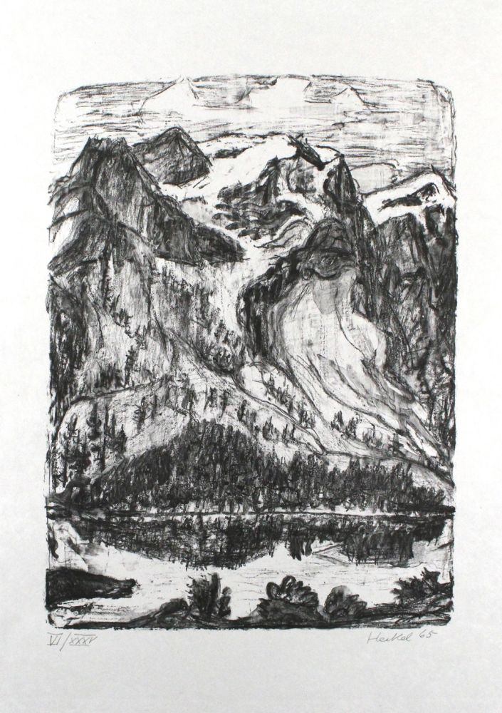 Lithographie Heckel - Berghang am See