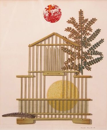 Lithographie Ernst - Bird Cage, Feather, Branch and Sun