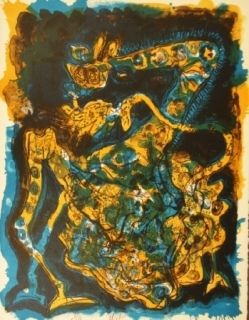 Lithographie Nieto - Blaugelbe Giraffe 