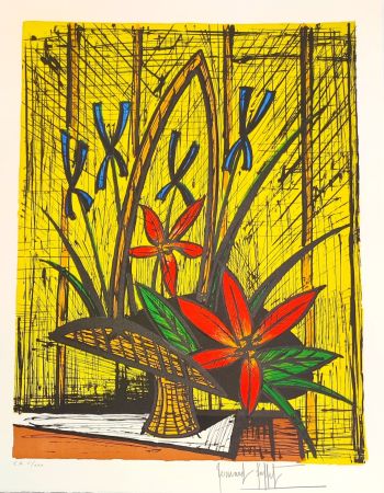 Lithographie Buffet - Bouquet aux Iris et fleurs rouges 