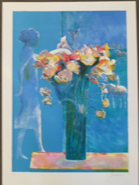 Lithographie Guiramand - Bouquet de fleurs et femme de profil