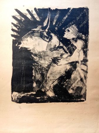 Lithographie Garache - Boy Riding a Bull, Rare Hand signed Lithograph, cca 40-50's 