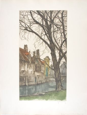 Eau-Forte Hebbelinck - Bruges : Les grands arbres du Béguinage.