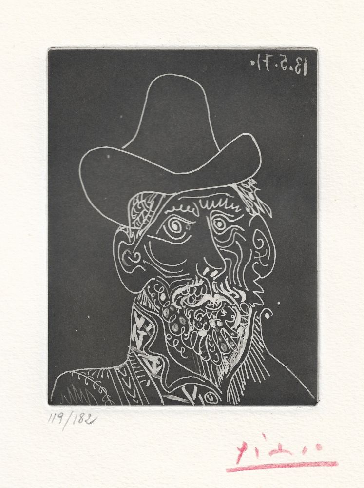 Aquatinte Picasso -  Buste d'homme barbu au chapeau 