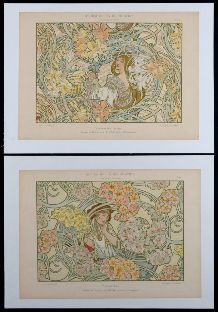 Lithographie Mucha - Byzantine & Langage des Fleurs, c. 1900 - Rare set of 2 original lithographs!