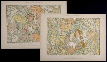 Lithographie Mucha - Byzantine & Langage des Fleurs, c. 1900 - Rare set of 2 original lithographs