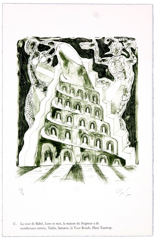 Lithographie Nørgaard - C. La tour de Babel, Lene et moi, la maison du Seigneur à de nombreuses entrées, Tatlin, Samarra, la Tour Ronde, Haut Taastrup