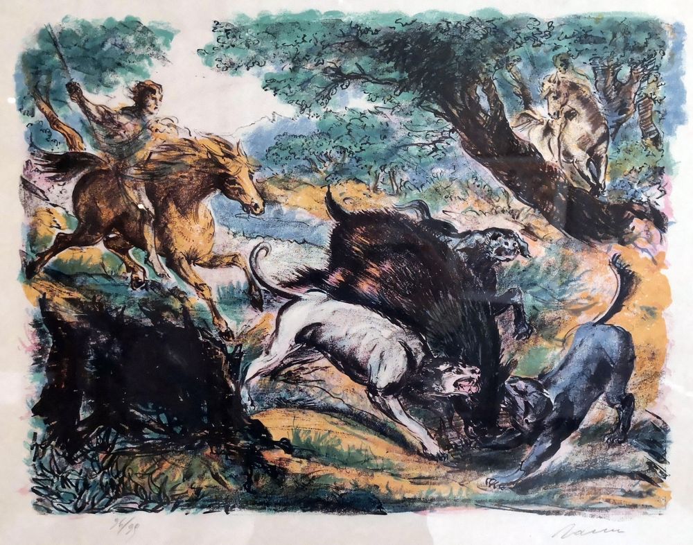 Lithographie Sassu - Caccia al cinghiale