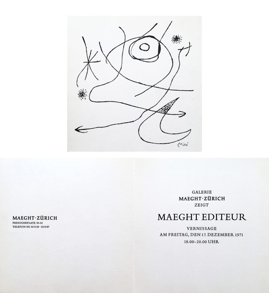 Aucune Technique Miró - Carton d'invitation pour une exposition Miró à la Galerie Maeght-Zürich. 1971.