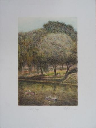 Lithographie Altman - Central Park - The Lake