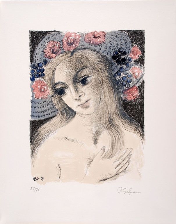 Lithographie Delvaux - Chapeau Fleuri II