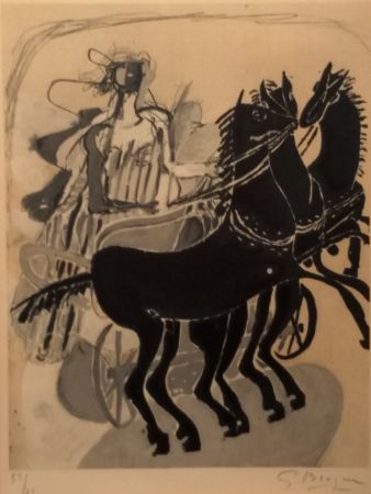 Lithographie Braque - CHAR AUX CHEVAUX NOIR 