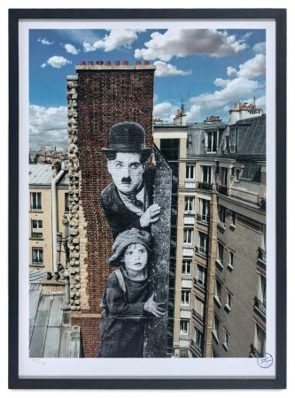 Lithographie Jr - Charlie Chaplin revu par JR, The Kid, Charlie Chaplin & Jackie Coogan, USA, 1923, de jour, Paris