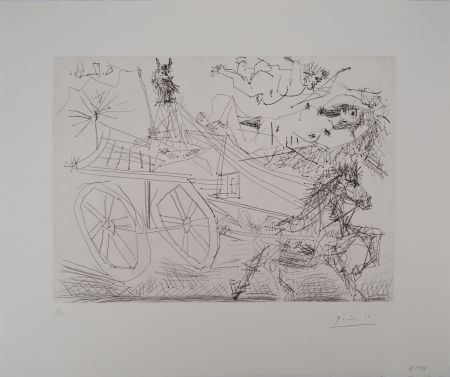Gravure Picasso - Charrette foraine conduite par un petit animal, avec nu et amour dans le ciel