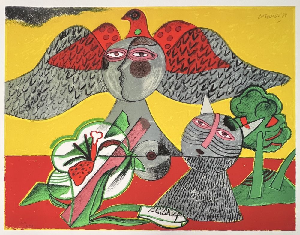 Estampe Numérique Corneille - Chat, Fleur et Oiseau, 1984, Tirage à 45 ex.