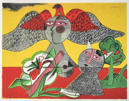 Estampe Numérique Corneille - Chat, Fleur et Oiseau, 1984, Tirage à 45 ex.