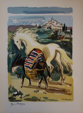 Gravure Brayer - Cheval et âne en Provenc