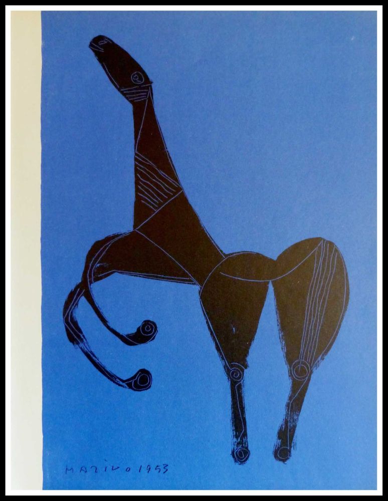 Lithographie Marini - CHEVAL SUR FOND BLEU