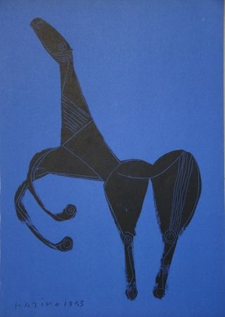 Lithographie Marini - Cheval sur fond bleue