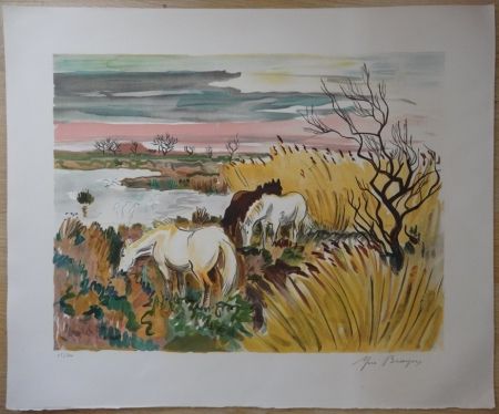 Lithographie Brayer - Chevaux en Camargue