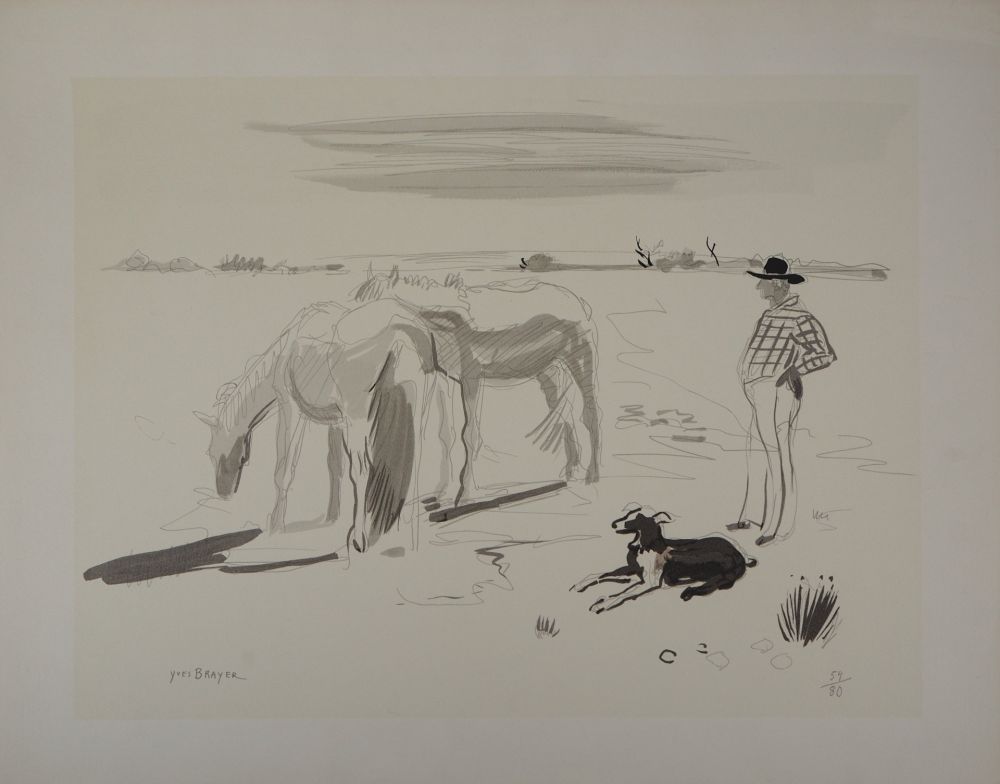 Lithographie Brayer - Chevaux et gardien en Camargue