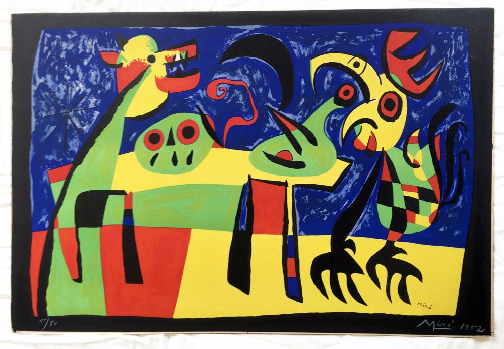 Lithographie Miró - CHIEN ABOYANT À LA LUNE (1952). Dog barking at the moon (signée, 1952)